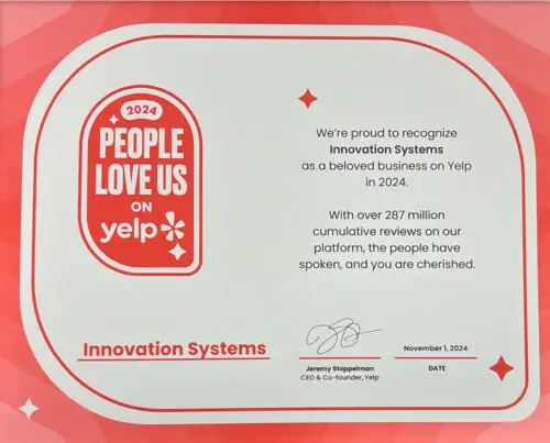 Certificate of recognition from Yelp – Innovation Systems