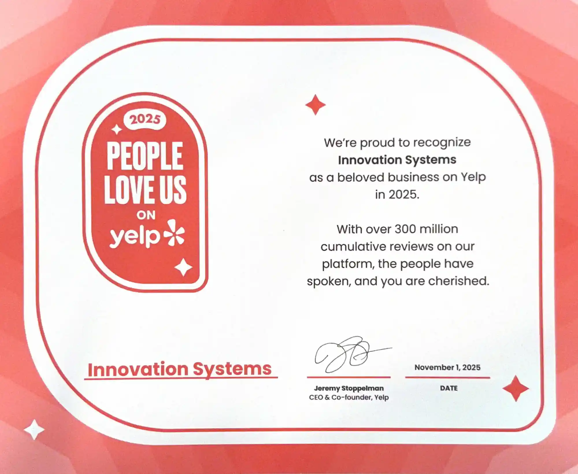 Yelp award 2025 innovation systems